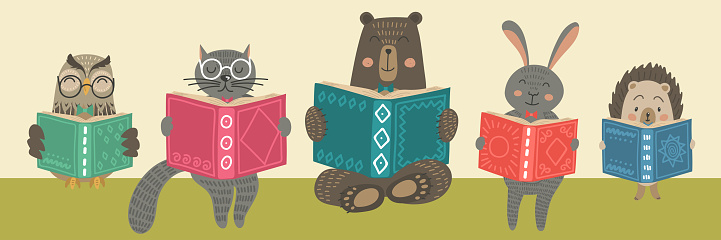 Cute animals reading books. Children’s education illustration.